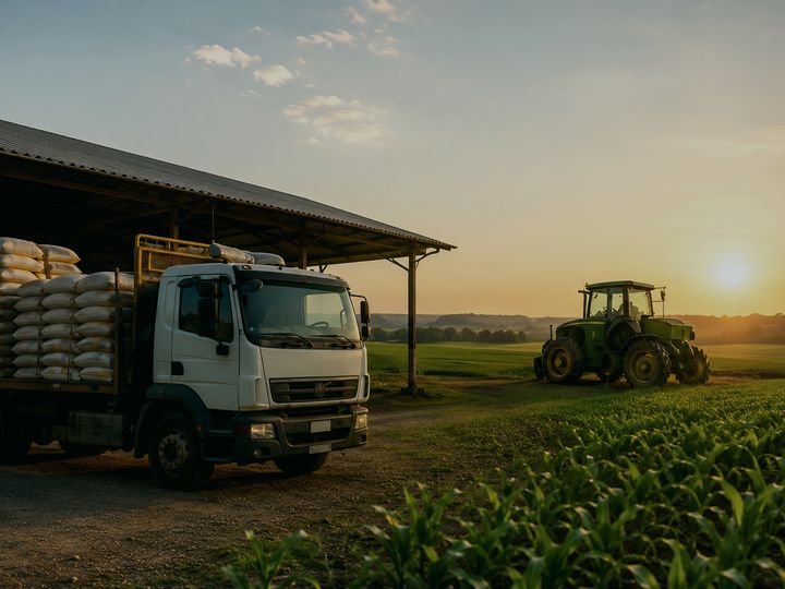Caminhão carregado de sacos de insumo ao lado de um trator, num galpão de fazenda.