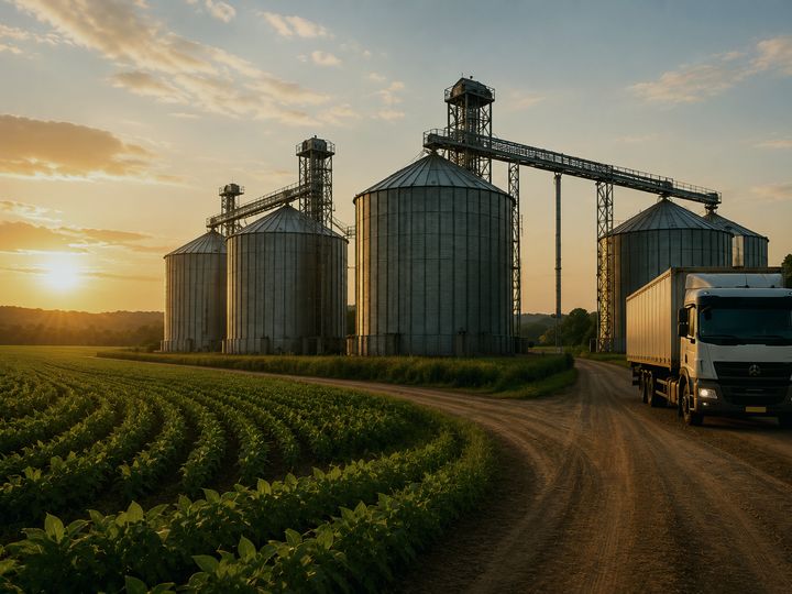 Silos de armazenagem e um caminhão saindo pela estrada de terra ao pôr do sol.