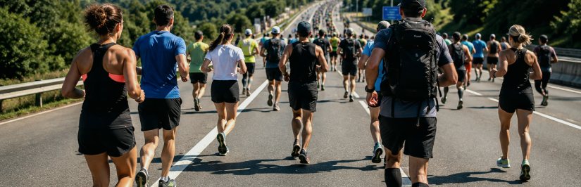 Corredores en una carretera, vistos de espaldas, avanzando juntos en la misma dirección.